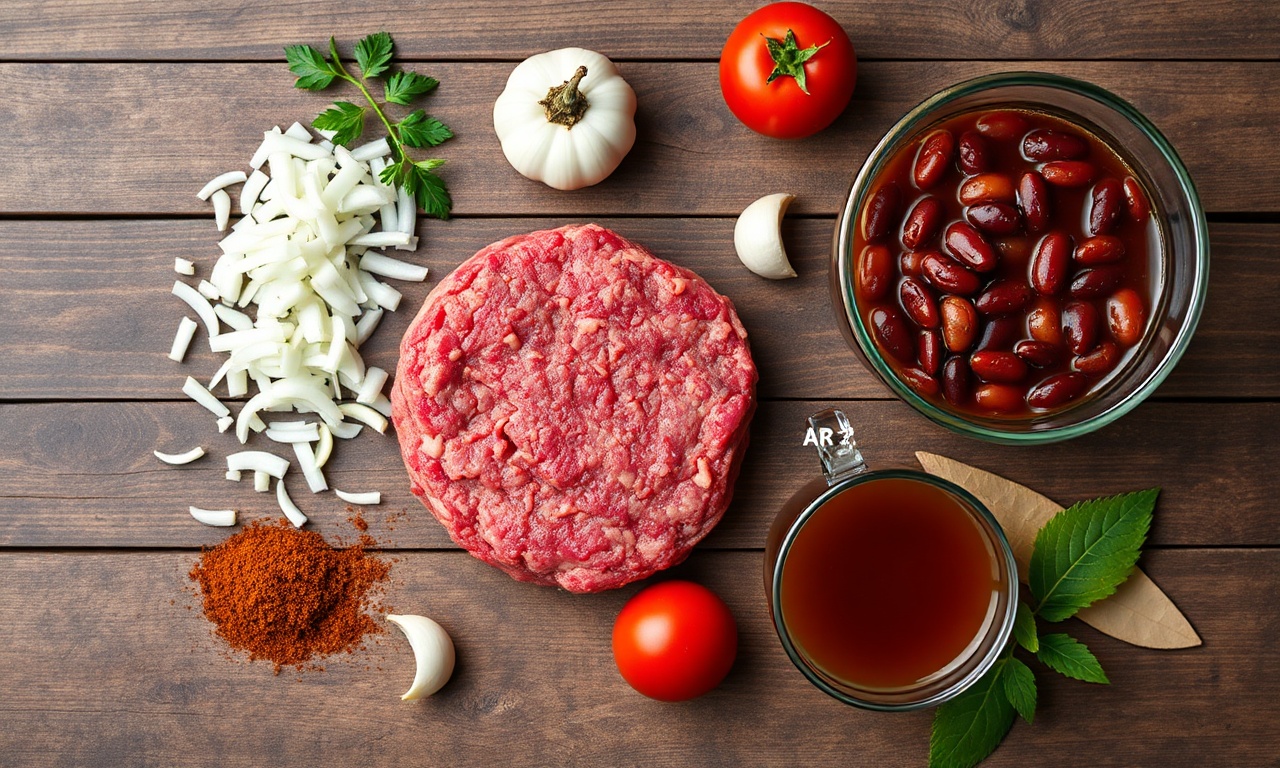 Vista de cima dos ingredientes principais para o chili organizados em uma superfície de madeira.
