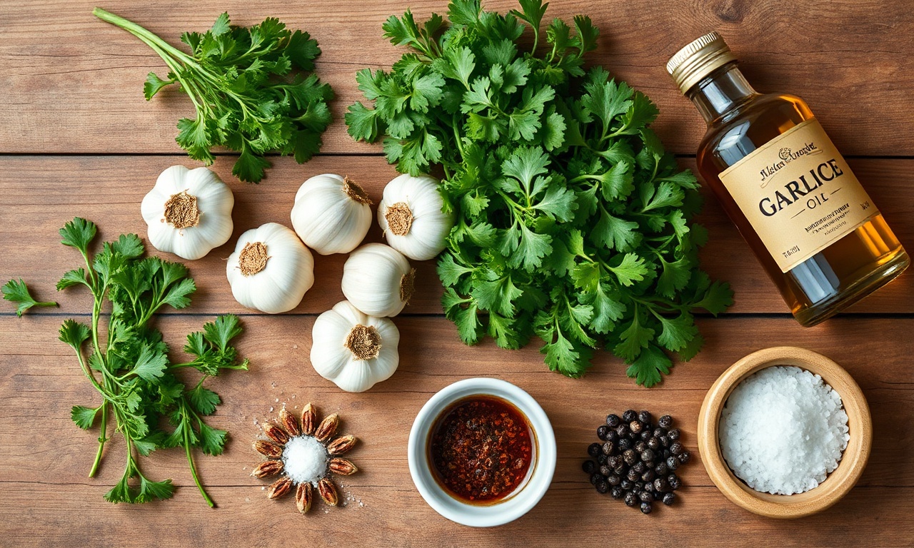 Vista de cima dos ingredientes frescos e secos organizados sobre superfície de madeira.