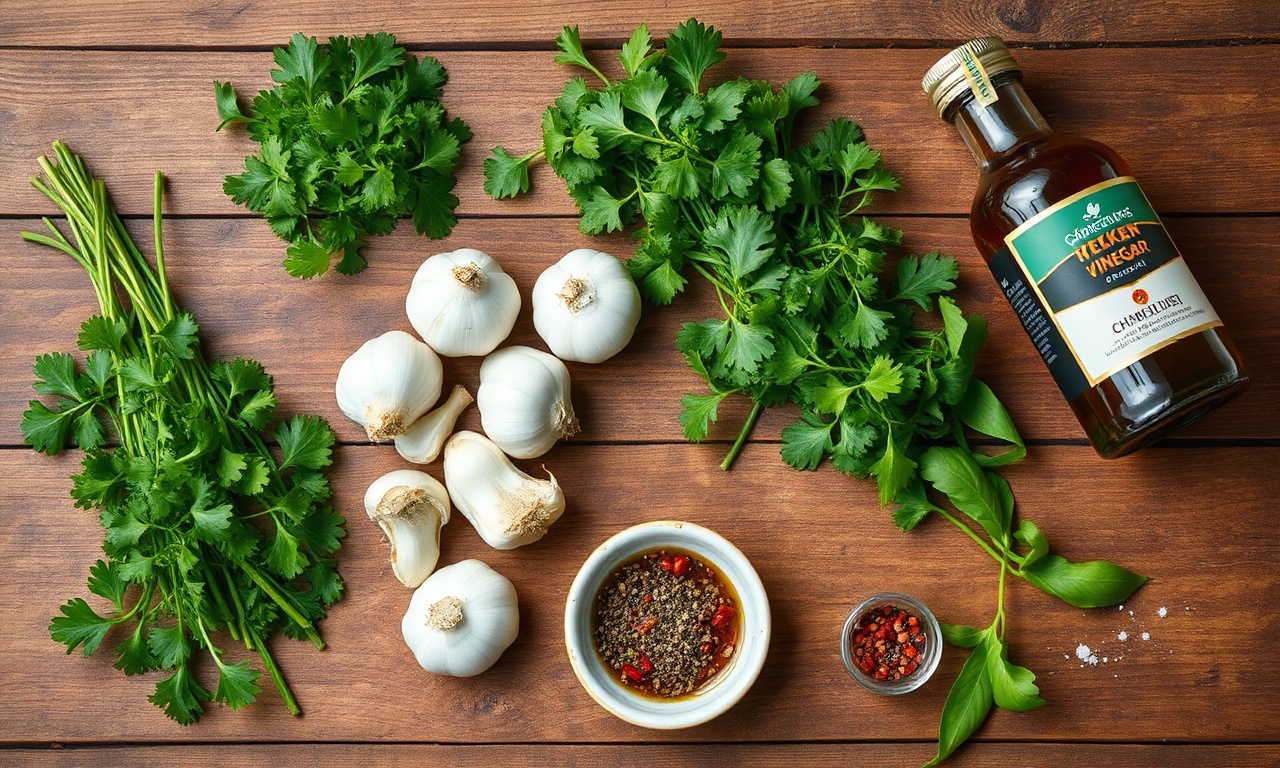 Vista de cima dos ingredientes frescos e secos para chimichurri, organizados sobre superfície de madeira.