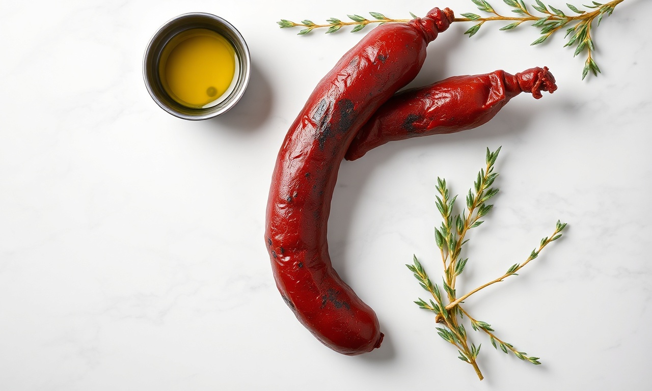Um chouriço curado inteiro, com sua casca escura e textura firme, ao lado de um fio de azeite de oliva.