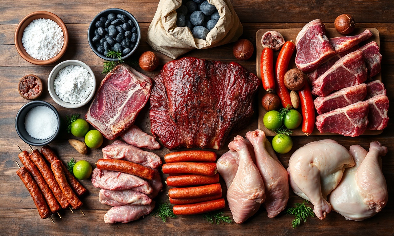 Vista de cima dos cortes de carne, sal grosso, limões e carvão organizados em superfície de madeira rústica.
