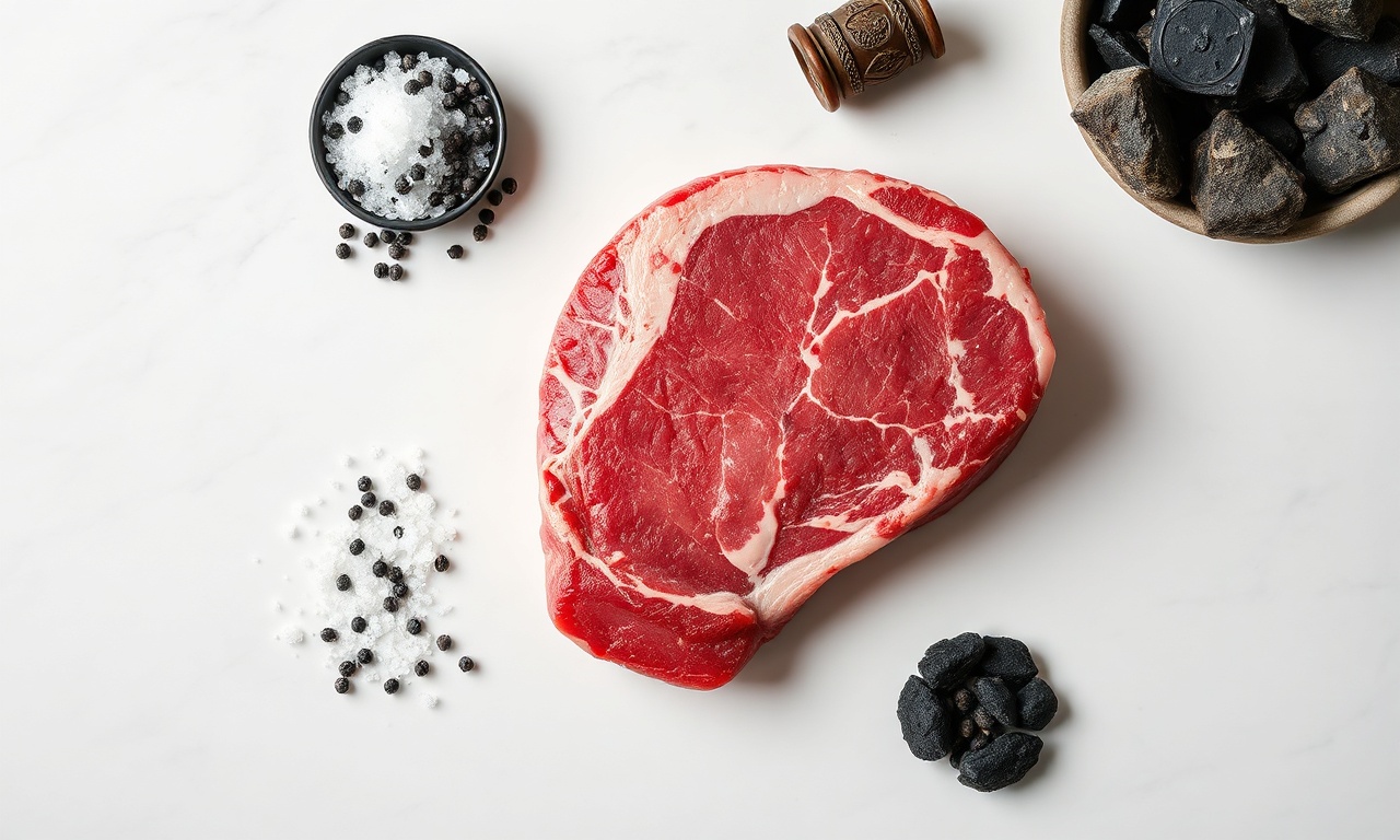 Vista de cima dos ingredientes simples para o churrasco: a carne, o sal e a pimenta.