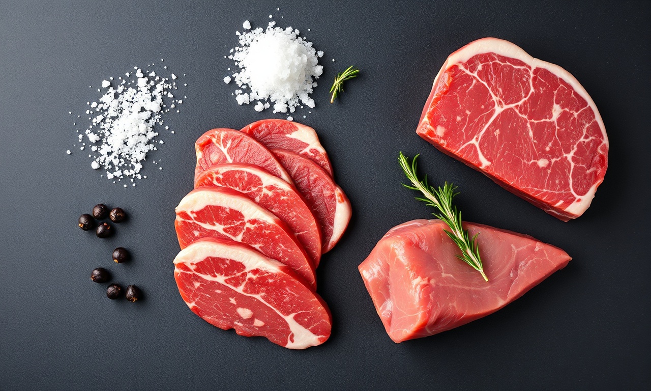 Vista de cima dos cortes de carne e temperos essenciais.