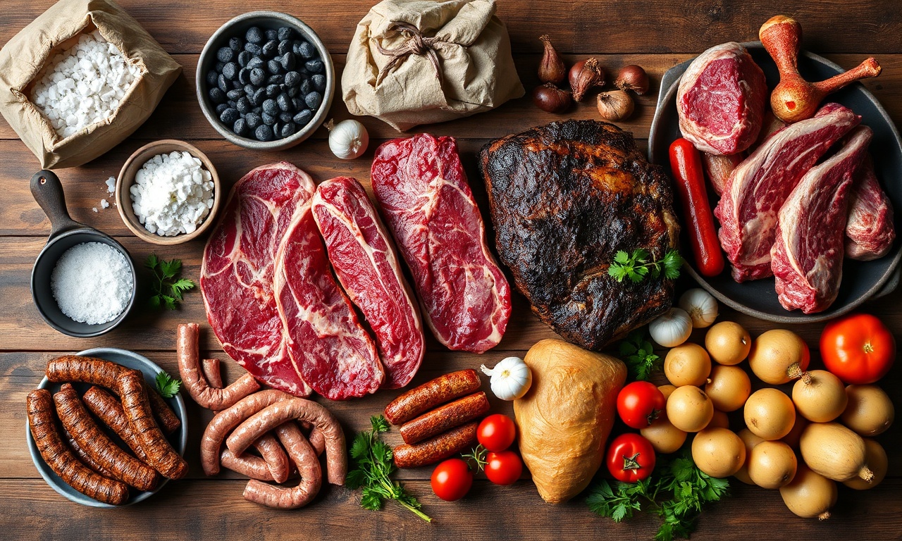 Churrasco Para 100 Pessoas: Guia Completo De Quantidades 4 Vista de cima dos cortes de carne crus, acompanhamentos e temperos organizados.