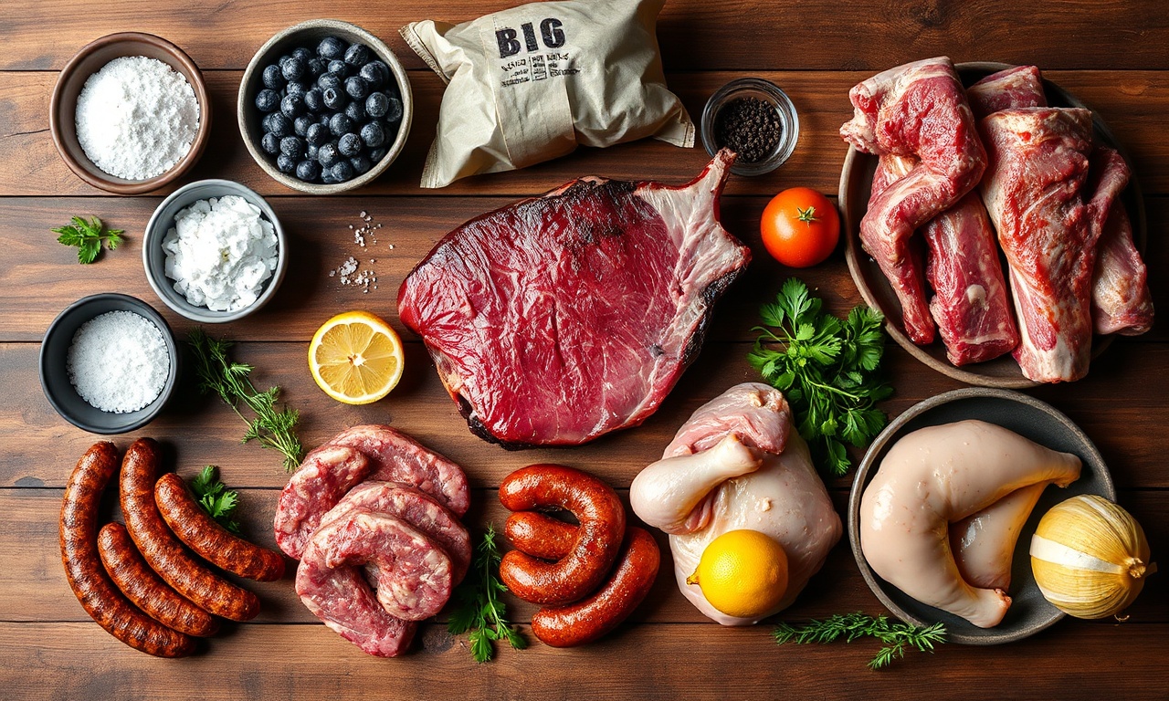 Vista de cima de todas as carnes e acompanhamentos organizados para a compra.