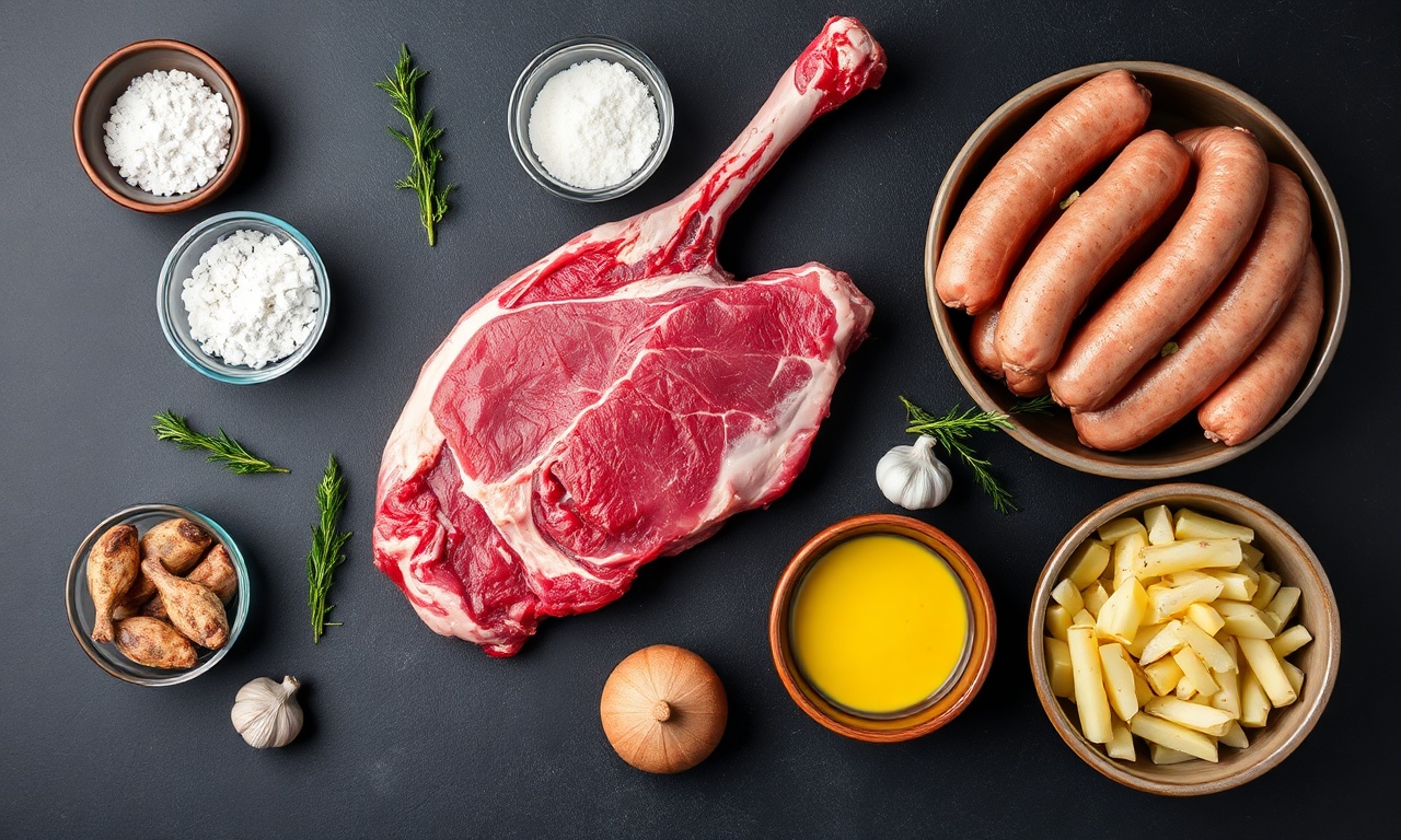 Vista de cima das carnes cruas e acompanhamentos organizados