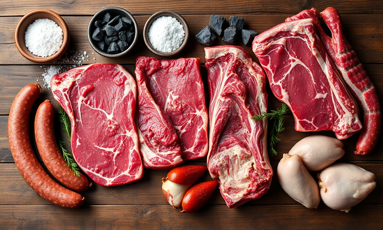 Vista de cima com todos os cortes de carne crus, sal grosso e carvão.