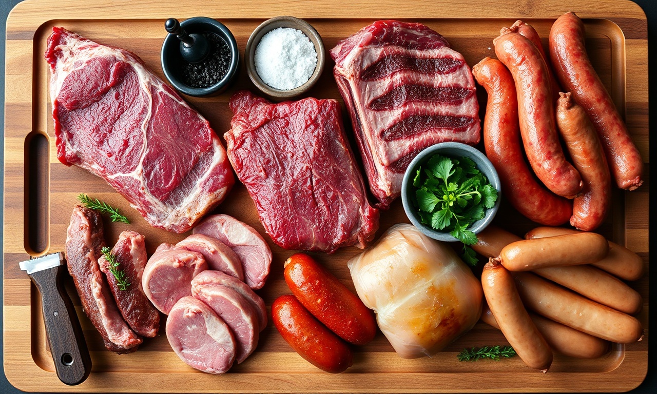 Vista de cima com todos os cortes de carne crus e temperos organizados.