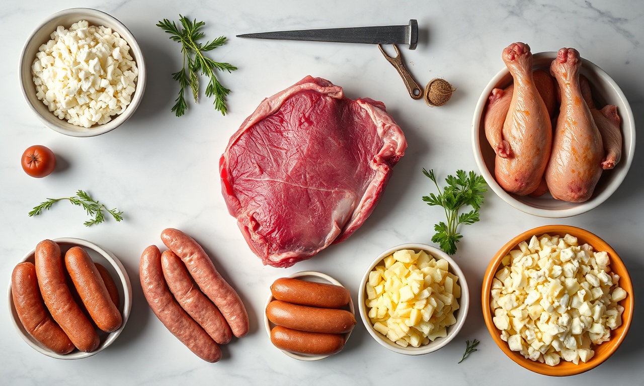 Vista de cima das carnes e acompanhamentos crus organizados