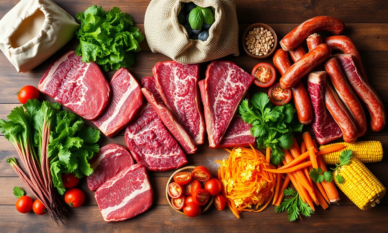 Vista de cima dos cortes de carne, saladas e carvão organizados para preparação.