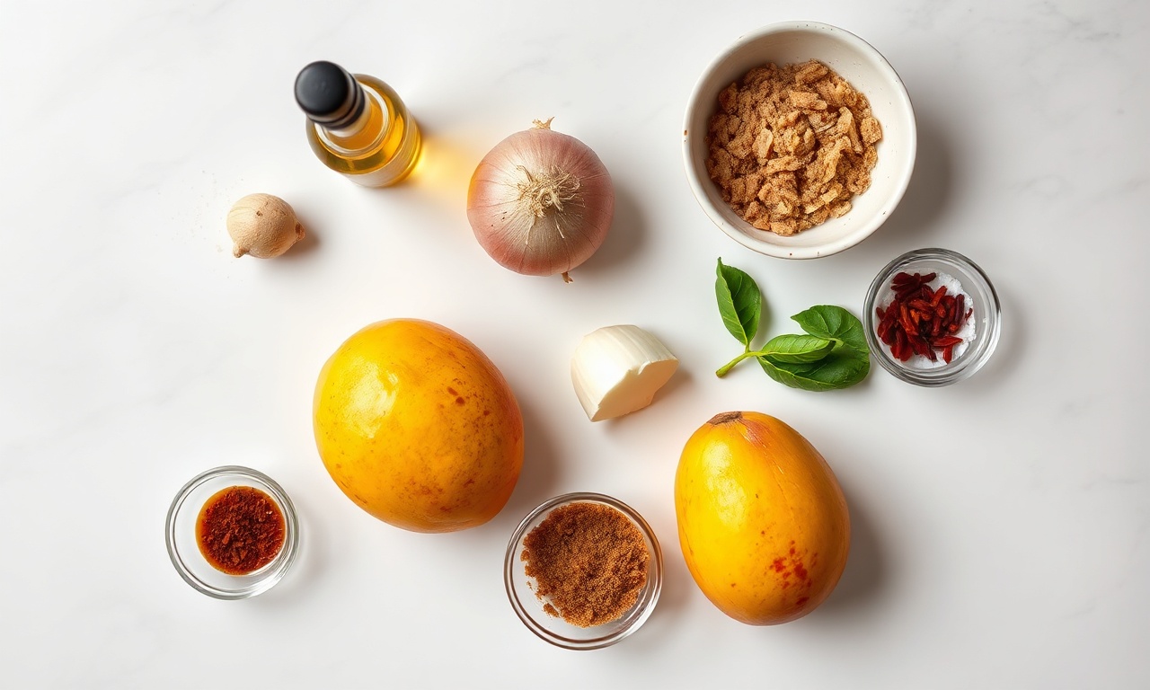 Chutney De Manga Agridoce Fácil: Sabor Profundo Em 40 Min 4 Vista de cima dos ingredientes frescos e secos organizados.