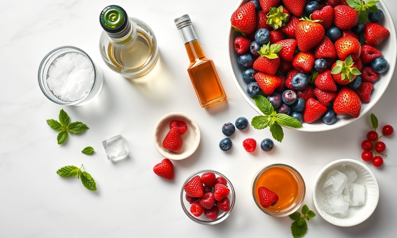 Vista de cima dos ingredientes frescos e organizados: frutas vermelhas, vinho branco, licor, açúcar e hortelã.