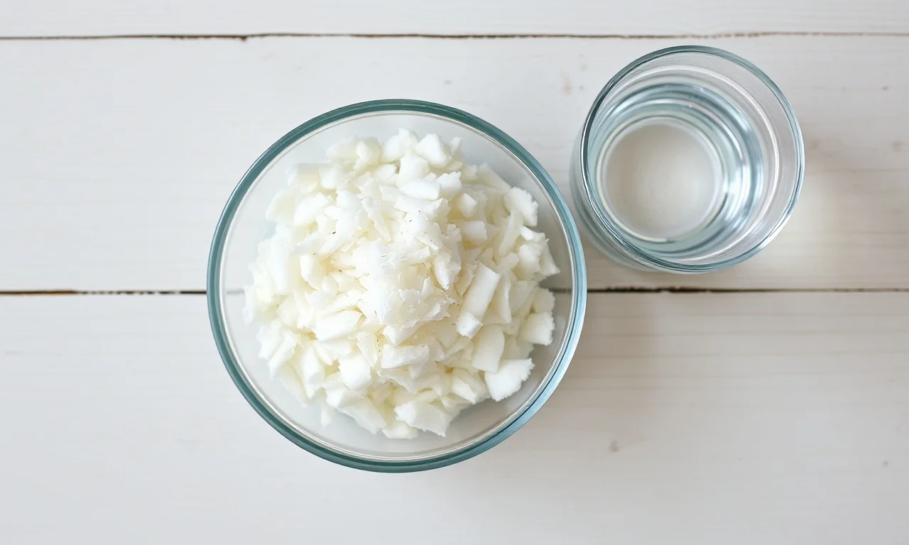 Vista de cima dos ingredientes simples: coco fresco, açúcar e água.