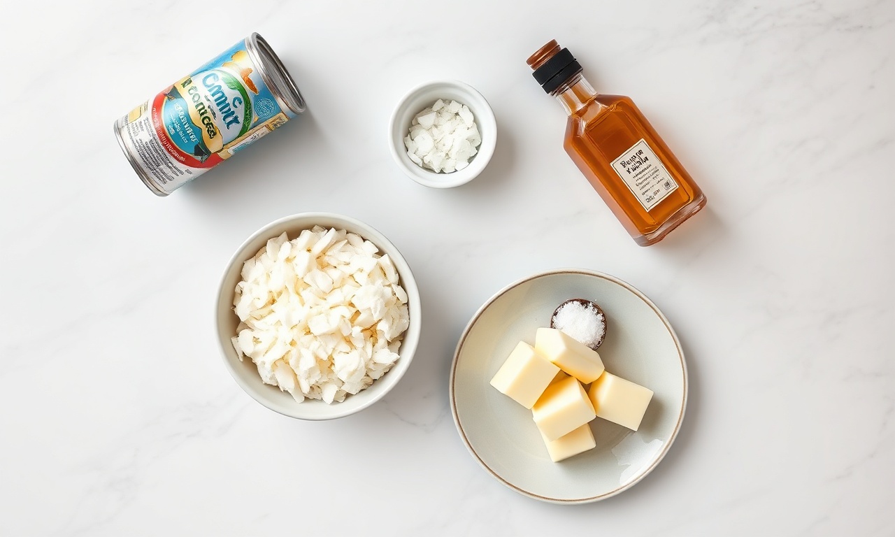 Cocada Cremosa Com Leite Condensado: Pronta Em 30 Min 4 Vista de cima dos cinco ingredientes organizados sobre superfície clara