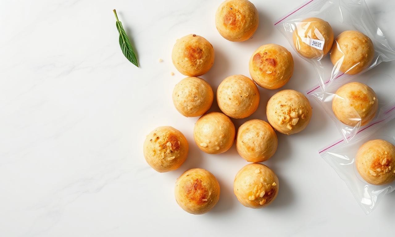 Pães de queijo assados e saquinhos plásticos herméticos organizados para o congelamento.