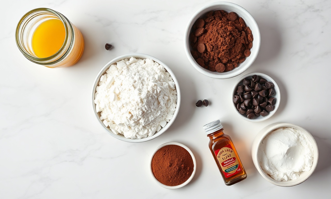Cookie De Chocolate Sem Ovo: Fofinho Por Dentro E Crocante 4 Vista de cima dos ingredientes organizados em tigelas e potes.