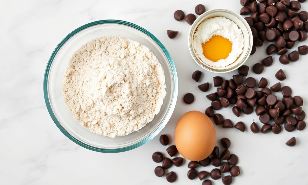 Vista de cima dos ingredientes organizados: farinha de amêndoa, óleo de coco, eritritol, ovo, baunilha e gotas de chocolate.