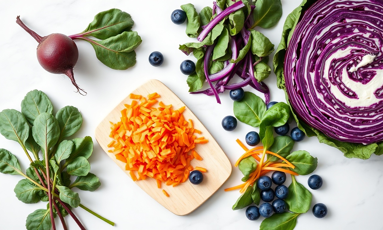 Vista de cima dos vegetais e frutas frescas usados para criar as cores.