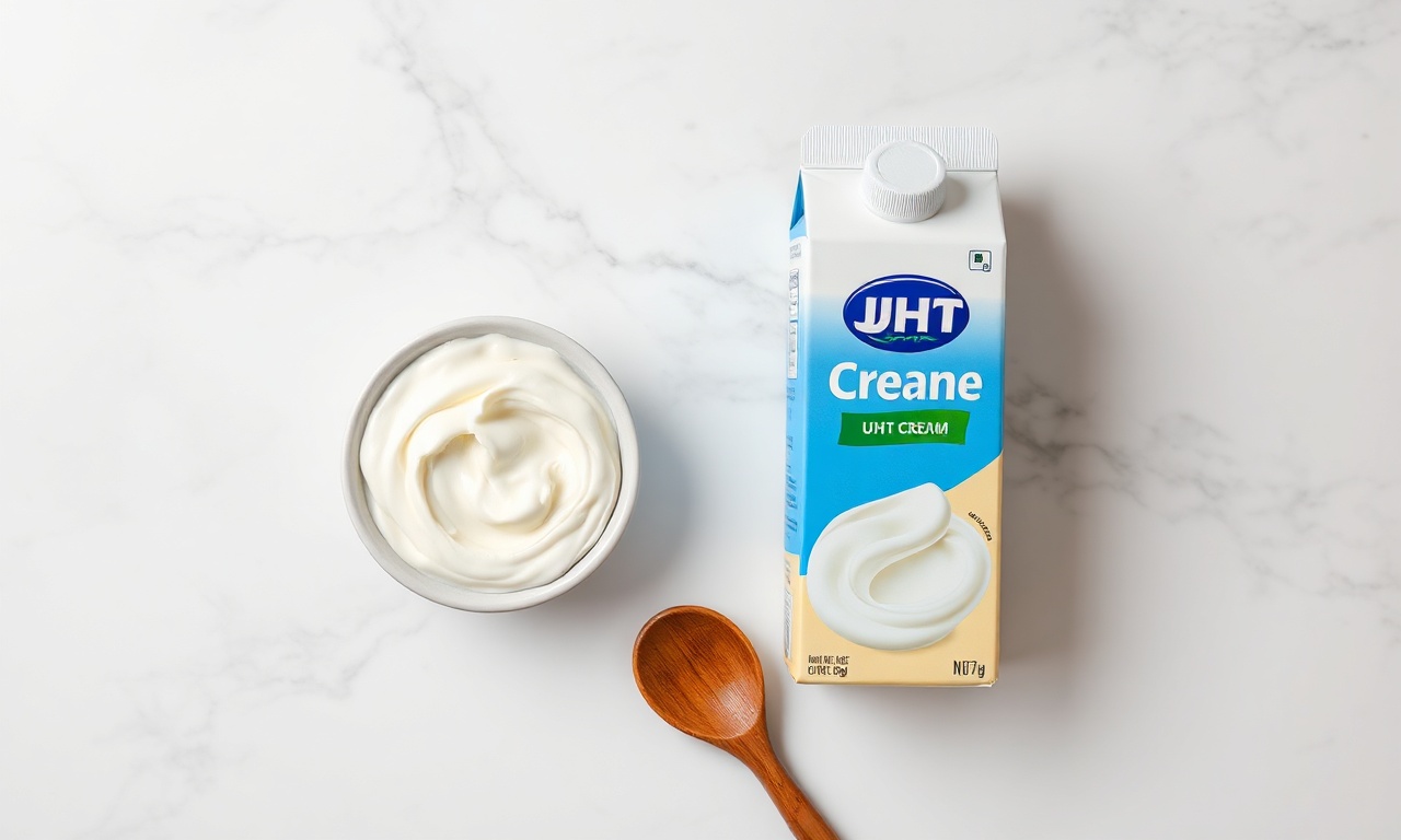 Potinhos de creme de leite fresco e UHT sobre superfície de mármore