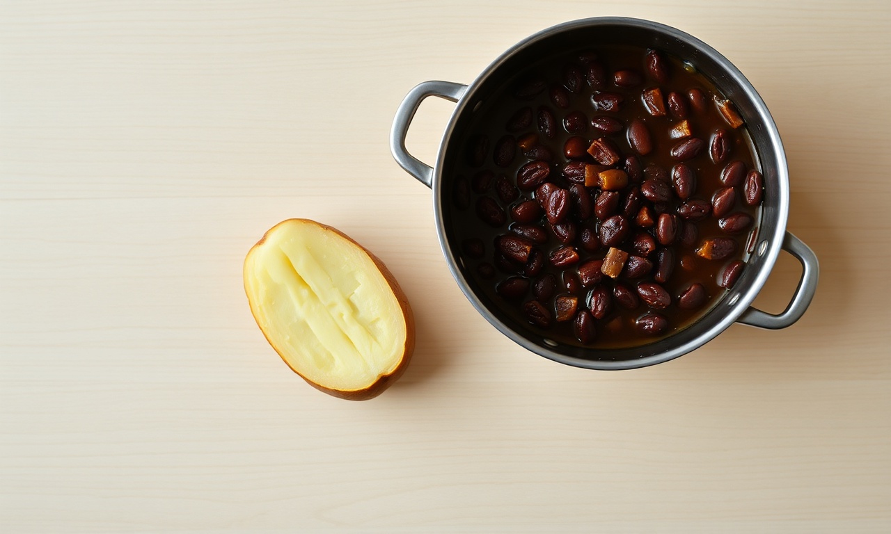 Vista de cima dos dois ingredientes necessários: a panela de feijão e a batata crua.