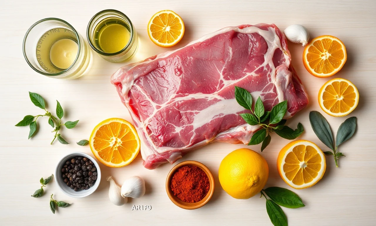 Vista de cima dos ingredientes frescos e temperos organizados sobre uma superfície de madeira.