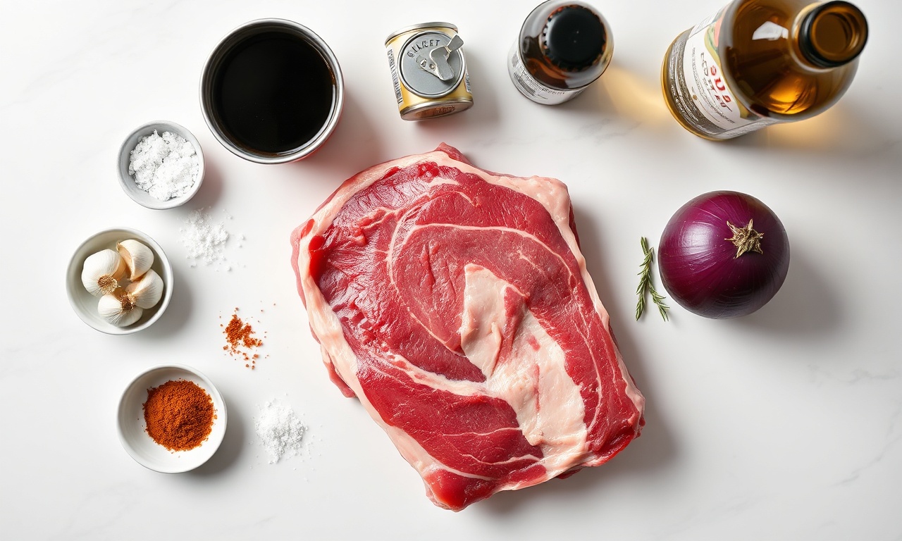 Vista de cima dos ingredientes organizados sobre superfície de mármore.