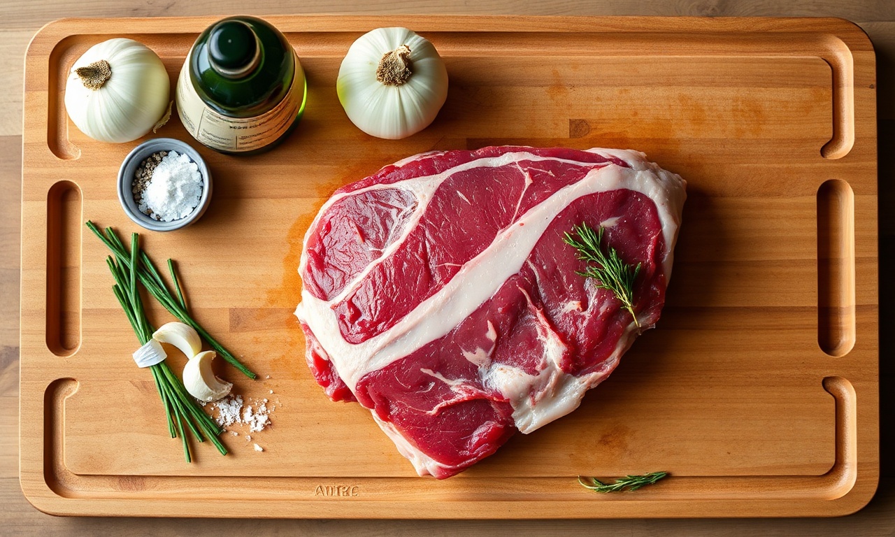 Vista de cima dos ingredientes crus: costela, cebola, alho, óleo, sal e pimenta.