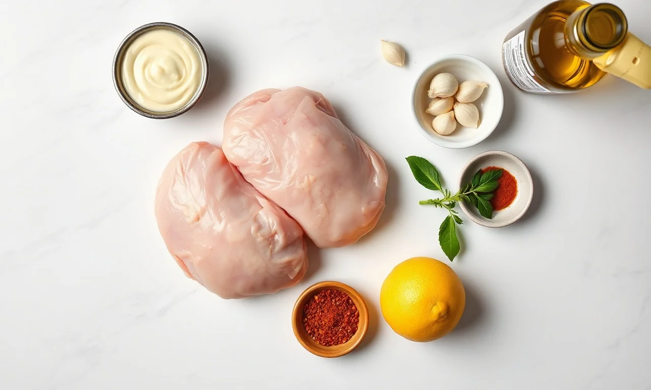 Vista de cima com todos os ingredientes organizados: frango cru, alho, limão, mostarda, páprica, maionese e azeite.
