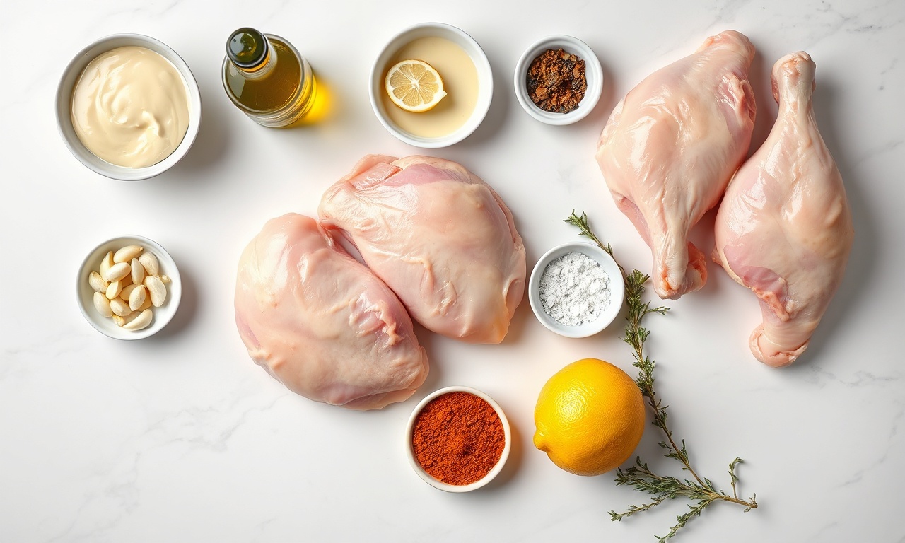 Vista de cima dos ingredientes organizados sobre superfície de mármore.