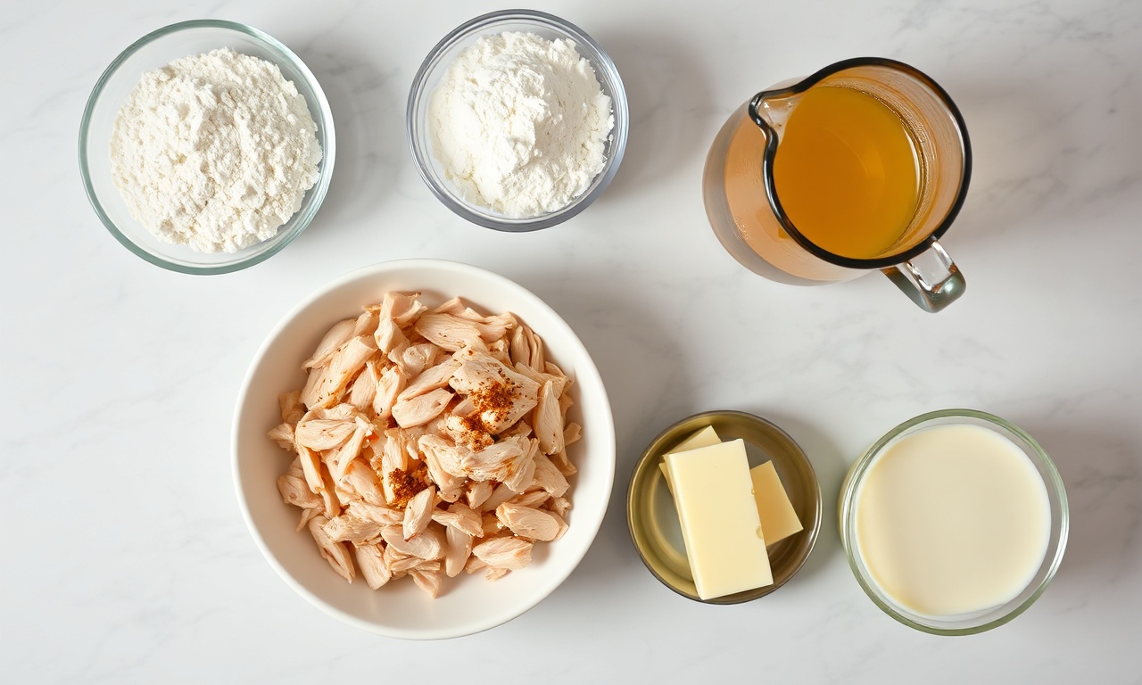Vista de cima dos ingredientes organizados: frango, farinha, manteiga e temperos.