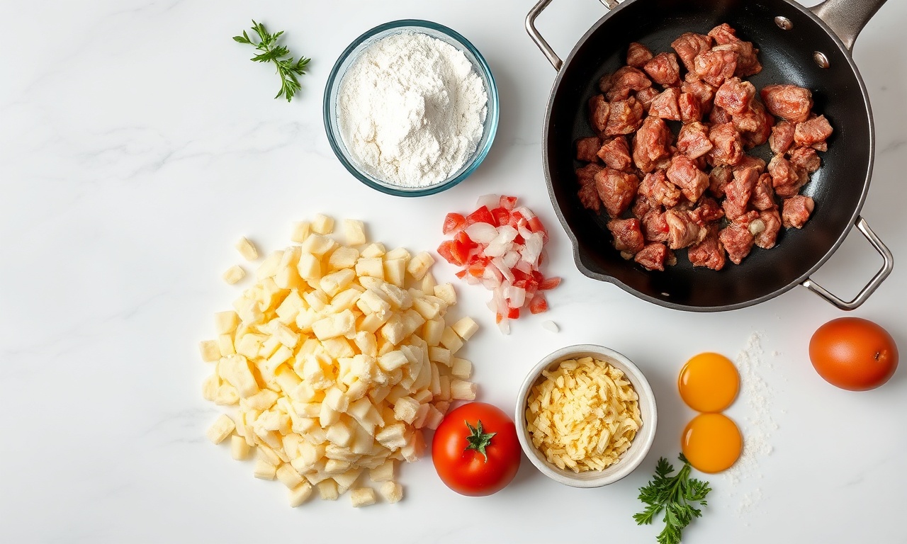 Vista de cima dos ingredientes organizados em uma superfície de mármore.