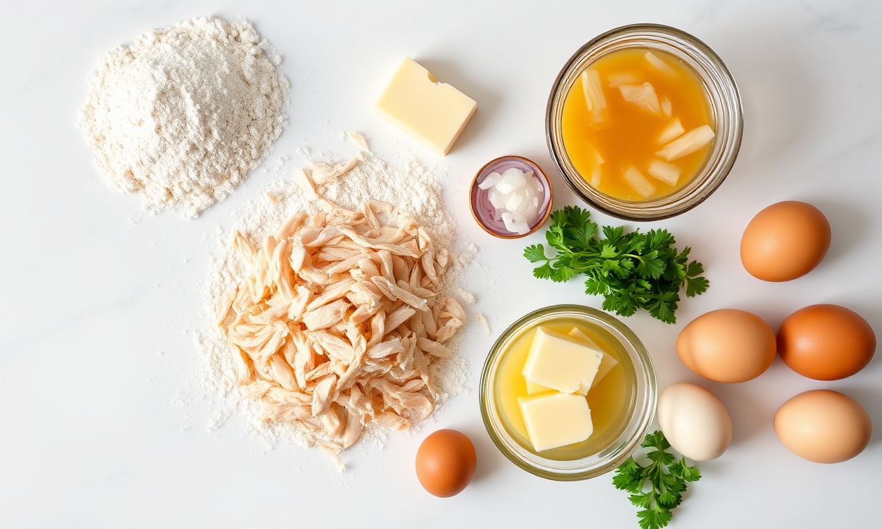 Vista de cima dos ingredientes organizados: farinha, frango desfiado, requeijão, caldo e temperos