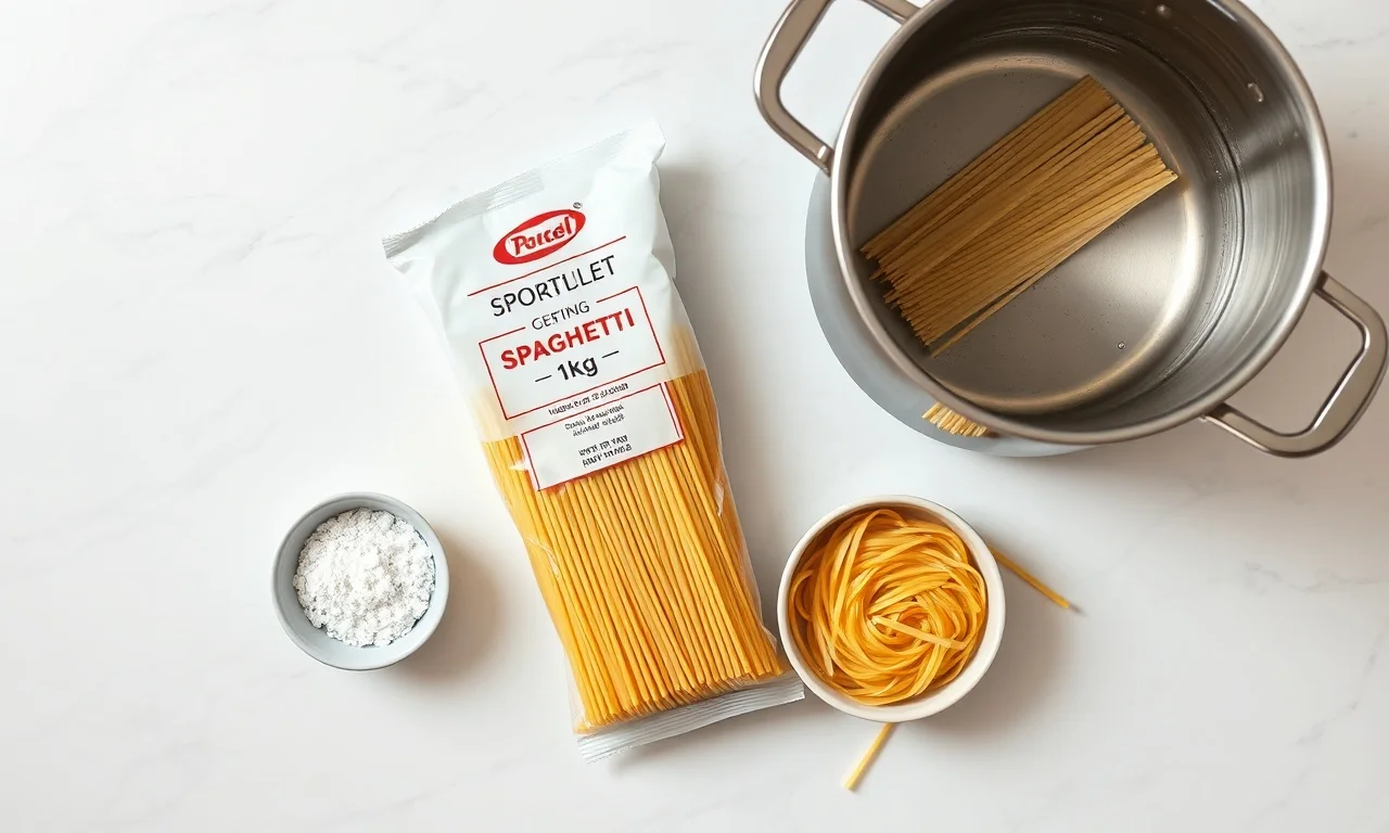 Vista de cima dos ingredientes essenciais: macarrão seco, sal grosso e água.