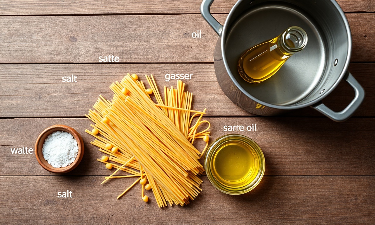 Vista de cima dos ingredientes essenciais para cozinhar macarrão.