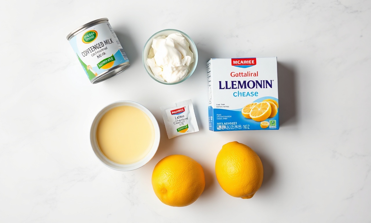 Vista de cima dos ingredientes principais: leite condensado, creme de leite, limões e gelatina, organizados sobre superfície branca.
