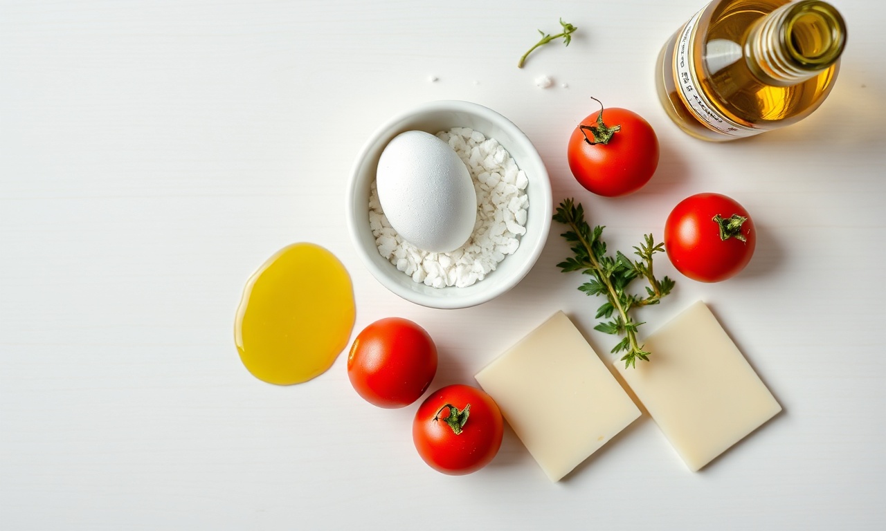 Vista de cima dos ingredientes organizados: ovo, goma de tapioca, tomate-cereja, queijo frescal, orégano e azeite.