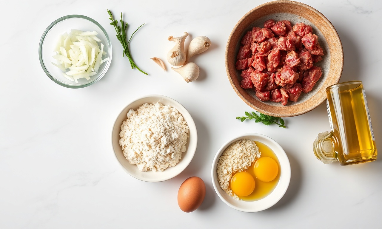 Croquete De Carne Moída Crocante E Fofinho: Receita Fácil Em 40 Min 4 Vista de cima dos ingredientes organizados sobre uma superfície de mármore.