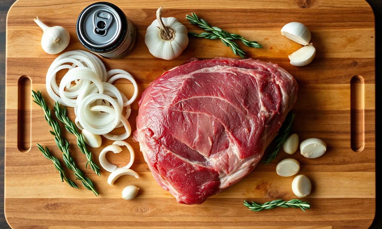 Vista superior dos ingredientes crus: peça de cupim, cebolas, alho, louro e cerveja preta.