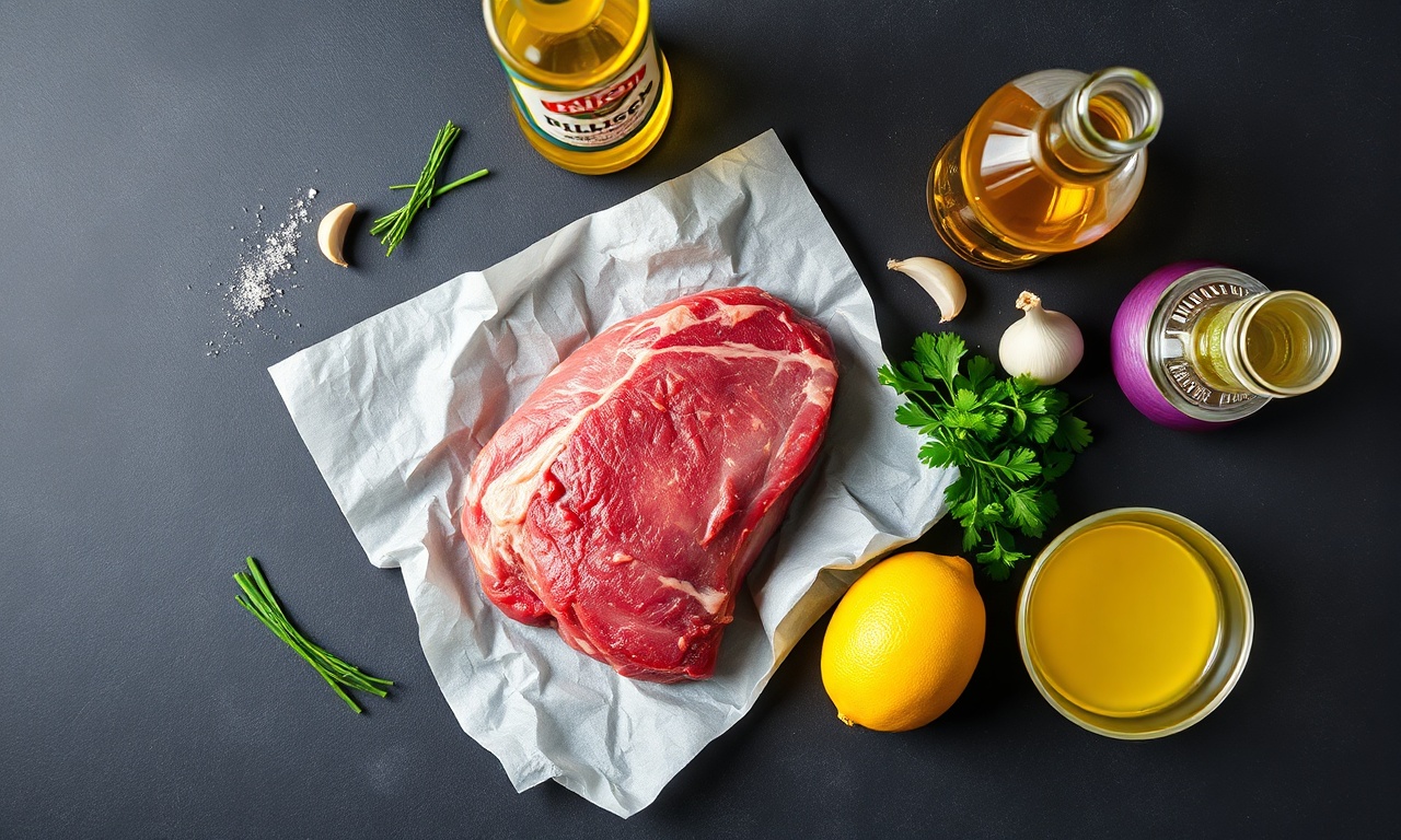 Vista de cima dos ingredientes frescos e temperos para a marinada.