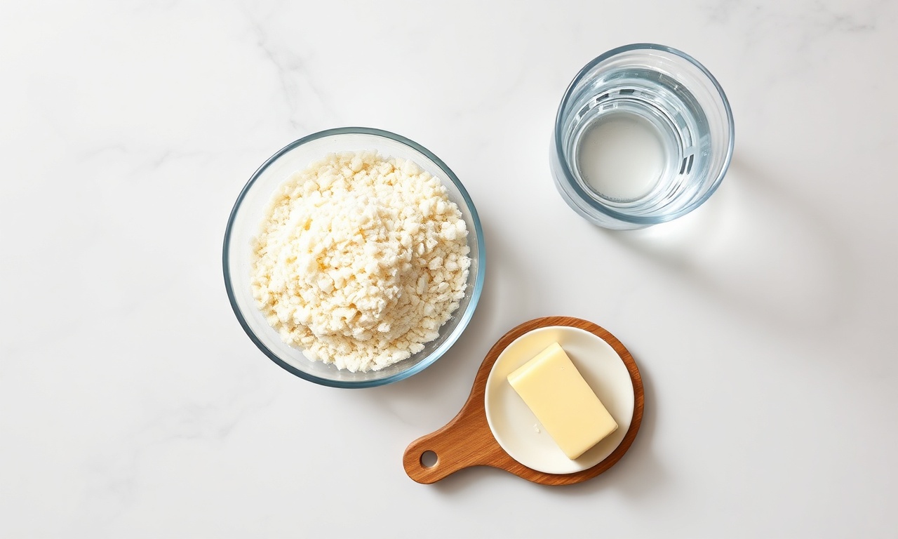Vista de cima dos ingredientes simples e essenciais: tapioca granulada, sal, manteiga e água.