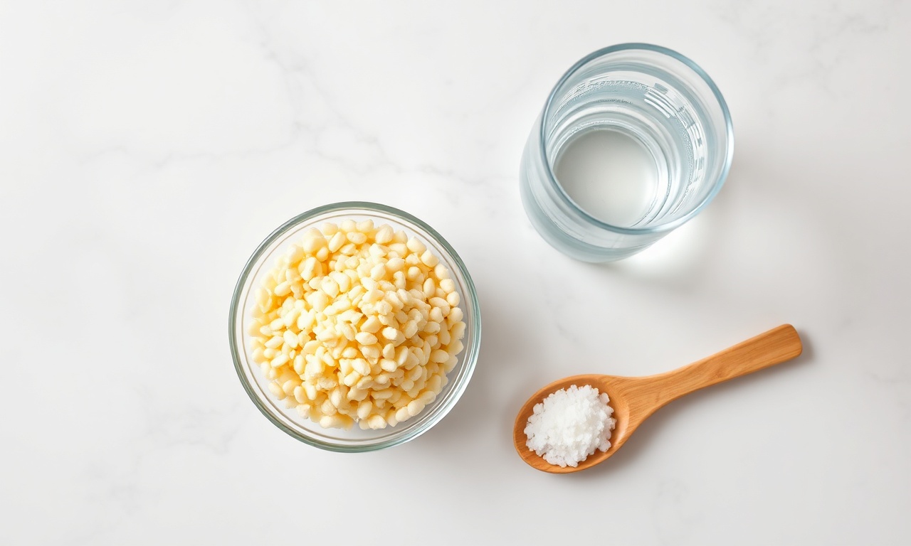 Vista de cima dos três ingredientes: tapioca granulada, água e sal.