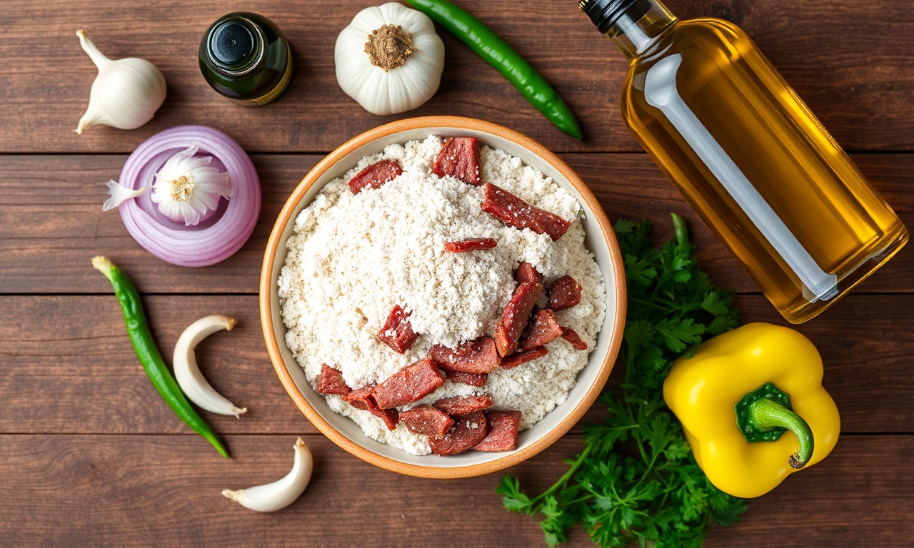 Vista de cima dos ingredientes organizados: flocão de milho, carne seca, cebola, alho, pimentão e azeite.