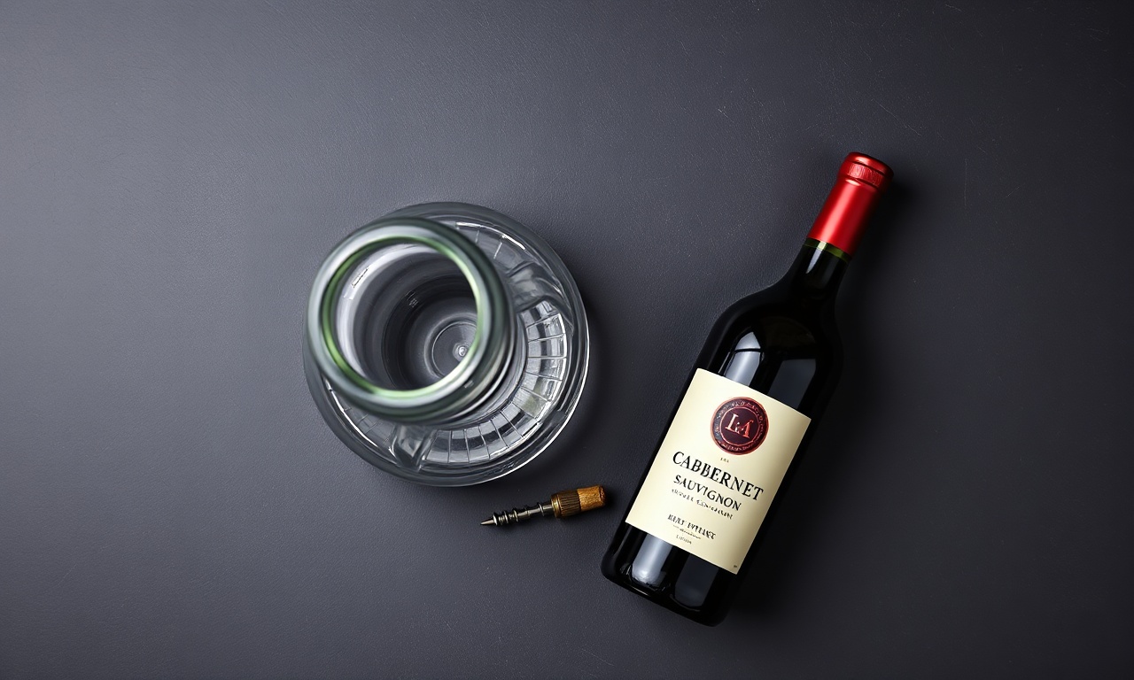 Vista de cima dos itens essenciais para a decantação: a garrafa de vinho e o decanter.