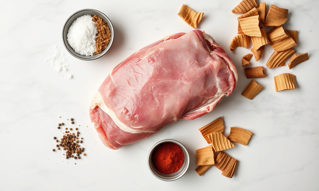 Defumar Pernil De Porco: Macio E Desfiante Em Passos Simples 4 Vista de cima dos ingredientes e equipamentos organizados.