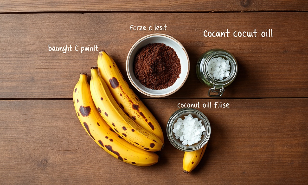 Vista de cima com bananas maduras, cacau em pó, óleo de coco e sal.