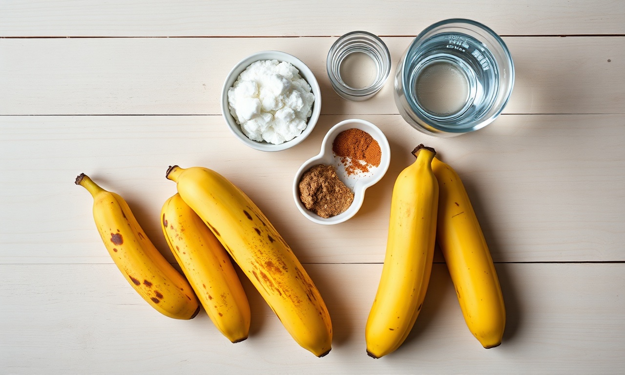Vista de cima dos 5 ingredientes simples: bananas-passa bem maduras com casca pintada, açúcar, manteiga, canela em pó e água.