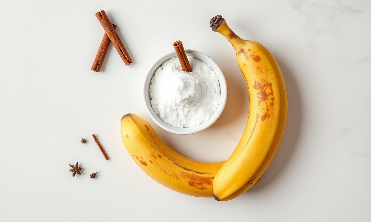 Vista de cima dos ingredientes principais: bananas maduras, açúcar e especiarias.