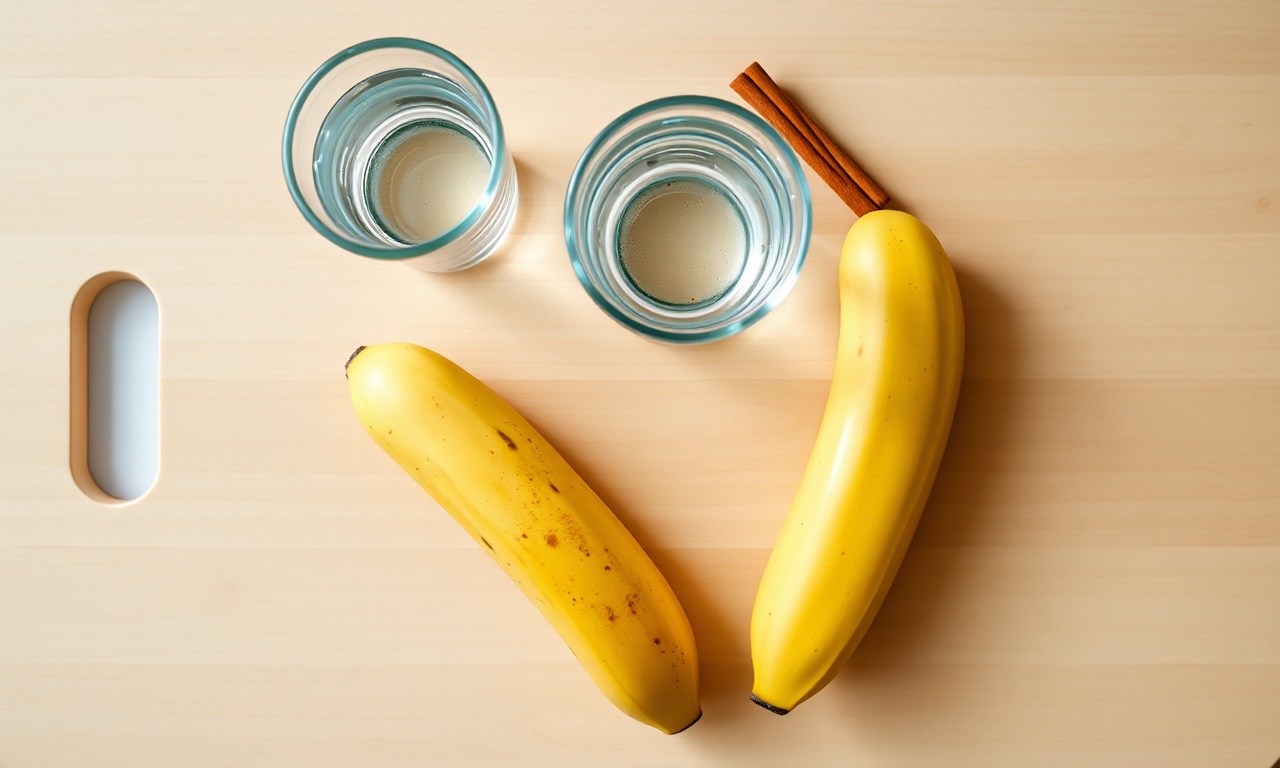 Vista de cima dos ingredientes simples: bananas nanicas, água e pau de canela.