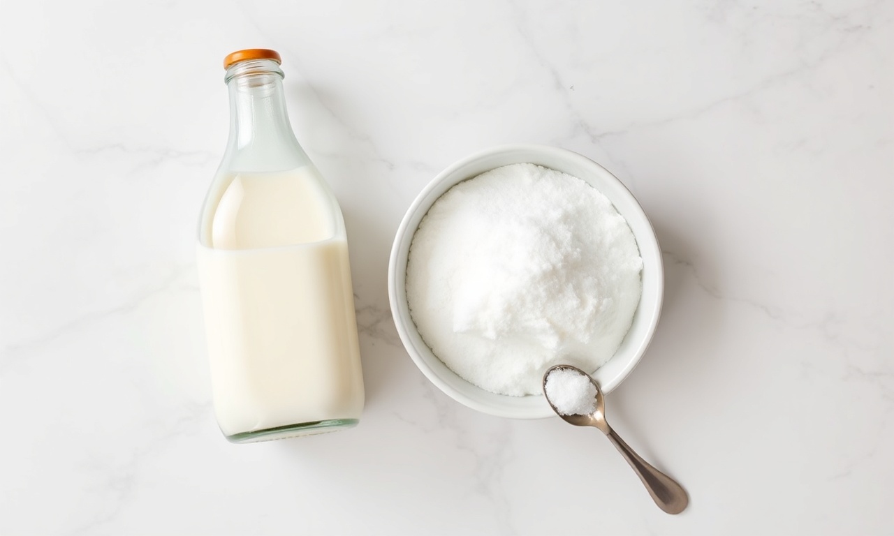 Vista de cima do leite, açúcar e bicarbonato, os ingredientes simples para a receita.