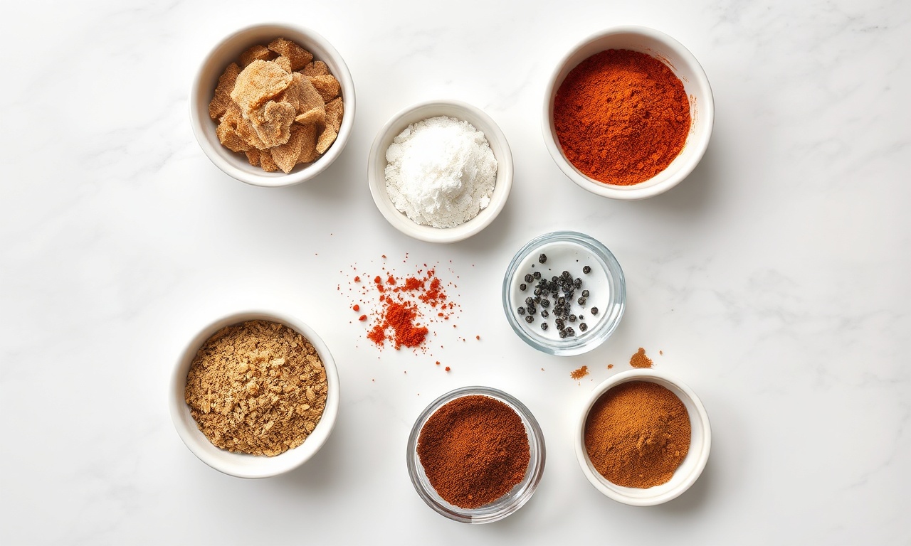 Vista de cima dos ingredientes secos organizados.
